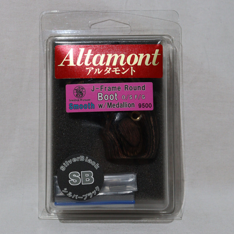 【中古即納】[MIL] Altamont(アルタモント) S&W(スミスアンドウェッソン) Jフレーム ラウンドバット用 ブーツタイプ 木製グリップ スムース フィンガーグルーブ S&Wメダリオン シルバーブラック(20150223)