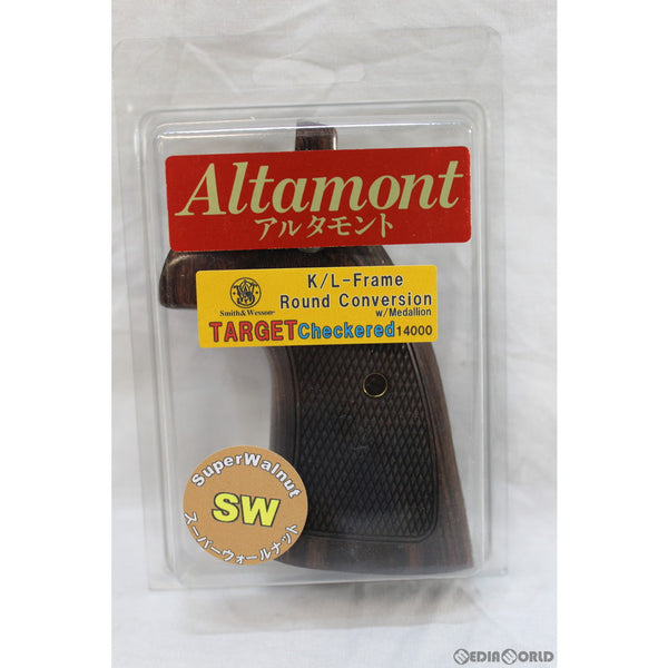 【新品即納】[MIL]Altamont(アルタモント) S&W(スミスアンドウェッソン) K/Lフレームラウンド用 コンバージョン・ターゲット チェッカー・メダリオン付・SW茶系 グリップ(20220118)