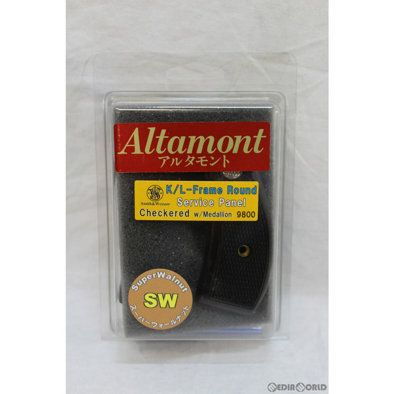 【新品即納】[MIL]Altamont(アルタモント) S&W(スミスアンドウェッソン) K/Lフレームラウンド用 サービスパネル・チェッカー・メダリオン付・SW茶系 グリップ(20220118)